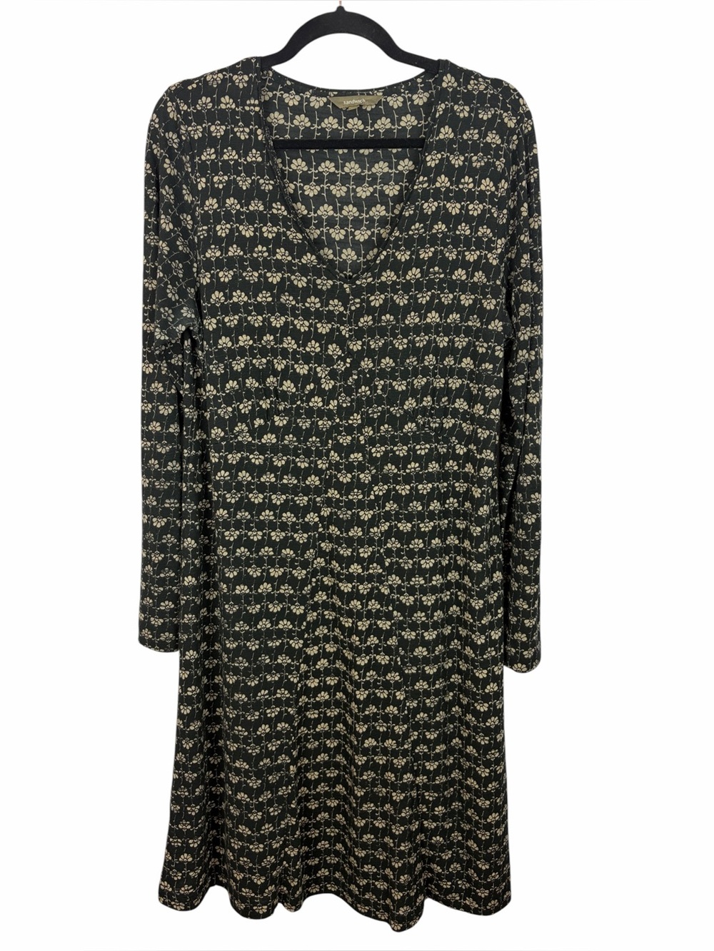 Sandwich Black Beige Floral Print V-Neck Swing Dress XL Lined Long Sleeve Dress